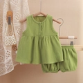 Grass green baby girl muslin cotton two-piece set with sleeveless top and bloomers - 80cm / Apple Green