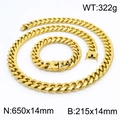 Golden hip-hop cuban chain jewelry set with necklace and bracelet in metal finish - 14mm Bracelet / Gold