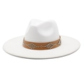 Detail of white wool fedora hat featuring a brown leather band with silver metal studs - Adult 56-59cm / White