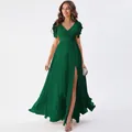 Deep green V-neck chiffon bridesmaid dress with flutter sleeves and high slit - US size 2 (S) / Bottoms / Green