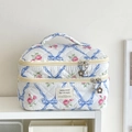 Detail of floral makeup bag featuring pink roses, blue bows, and flower zipper pull - Double Layer Makeup Bag / Blue Bow