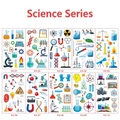 Vista detallada de diez variantes de pegatinas científicas impermeables para niños - Serie Ciencia
