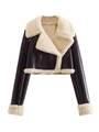 Detailed close-up of faux leather biker jacket with plush sherpa lining and lapels - XS / Brown