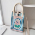Mini knitted cat phone bag in beige and blue featuring a cartoon apple pattern - Tulip Pattern Blue Pink