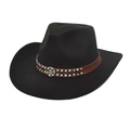 Detail of wool felt cowboy hat featuring leather band with rivets and metal emblem - M (56-58cm) / Black
