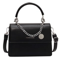 Black PU leather crossbody square bag with silver chain and metal charm detail - Black