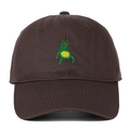 Detail of green frog embroidery on dark brown cotton twill baseball cap with clean stitching - Adjustable / Coffee