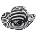 Handwoven straw cowboy hat with black and white stripes and metal skull decoration - Black & White Striped with Wind Rope (White Skull)