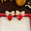 Asymmetric gold earrings featuring sparkling bow studs and vibrant red heart gemstones - E6733-925 Sterling Silver Earring Post / Red