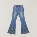 Dettaglio jeans blu a zampa con trama dorata dipinta a mano ed effetto invecchiato - XS / Blu Oceano