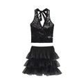Zweiteiliges Set aus schwarzem Spitzen-Halterneck-Top und mehrlagigem Tüllrock in Flatlay - XS / Schwarz