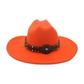 Orange wide brim felt fedora hat with vintage leather band and turquoise concho detail - One Size / Orange