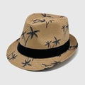 Men's straw fedora hat featuring coconut tree prints and a black grosgrain ribbon - M / Dark Khaki