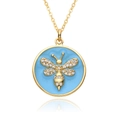 Detail of gold bee pendant on blue enamel with crystals and fine O-chain necklace - Blue Enamel Bee Rhinestone Style (D557)