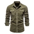 Camicia da uomo in velluto a coste verde oliva con maniche lunghe e tasche sul petto - M / Verde
