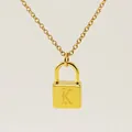 Golden padlock pendant necklace with elegant cursive K engraving on a thin chain - Letter K Style
