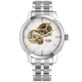 Silver automatic mechanical watch with white skeleton dial and gold gear accents - Silver Case White Dial (Steel Strap)