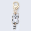 Detail of cute grey tabby cat keychain with heart-shaped lobster clasp and moving tail - Grey Tail Cat