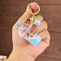 Blue liquid milk tea cup keychain with floating turtle and sparkling sequins - Blue (Blue Milk Tea Turtle)