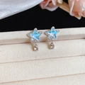 Vintage blue star and teardrop earrings with iridescent finish and silver metal frame - Blue Iridescent Star Teardrop Tassel Studs (21#)