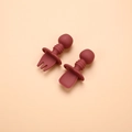 Deep red silicone baby spoon and fork set with safe round anti-choke handles - Short Handle Fork and Spoon Set / Brick Red