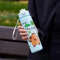 Blue Capybara straw water bottle with handle and cute cartoon graphic for kids - Solid Green
