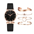 Dames kwartshorloge met zwarte leren band en vier roségouden modieuze armbanden - Horloge en Armband Set / Zwart