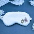 Plush white faux rabbit fur sleep mask with cute bird embroidery and elastic strap - Embroidered Bird / White