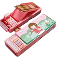 Pink multi-functional pencil case with cute cartoon illustrations and pop-out features - Girl