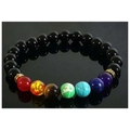 Mens black lava stone yoga bracelet with seven colored chakra tiger eye beads - Bright Black
