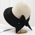 Elegante cappello da sole in paglia a tesa larga con grande fiocco nero e fibbia - M (56-58cm) / Nero