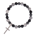 Bracciale in onice nera e occhio di tigre con ciondolo a croce e perle effetto marmo - Bracciale Pietra di Mappa 8mm