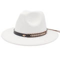 Detail of white felt fedora hat featuring a brown leather braided band with metal studs - M (56-58cm) / White