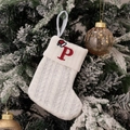 White knitted Christmas stocking featuring red embroidered letter P on a pine branch - Embroidered Knitted Small Sock White P