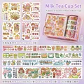 Bastel-Set Geschenkbox mit süßen Milchtee-Aufklebern und dekorativen Washi-Tapes - Milchteetasse (4 Aufkleber + 4 Klebebänder)