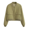 Detail of olive green bomber jacket featuring snap buttons and large flap pockets - S / Tops / Matcha Green
