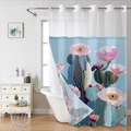 Detail view of double-layer cactus flower shower curtain with metal grommets and top mesh - SYL-3 (Light Blue Cactus Floral) / Single Shower Curtain / 181x188cm