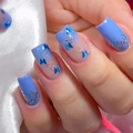 Sky blue gradient square nails with butterfly sequins and glitter on white satin - Sky Blue Gradient Butterfly Style (CW240)