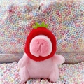 Pink capybara plush keychain with red strawberry hat and silver bead chain - Strawberry Hat Pink + Bead Chain
