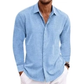 Camisa de lino azul claro para hombre de manga larga con corte ajustado y fondo blanco - S / Tops / Azul