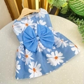 Close-up of blue pet dress with white daisy patterns and a decorative large waist bow - Blue Daisy