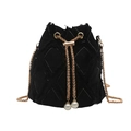Minimalist black quilted bucket bag with pearl drawstring and golden chain strap - Black