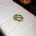 Detailed close-up of vintage emerald style gold plated ring in a velvet jewelry box - Gold Rectangular Emerald Pave Ring / 96# Green-Irregular
