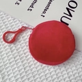 Mini circular red suede coin purse with zipper and plastic carabiner keychain clip - 8.5cm / Red