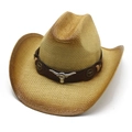 Britischer Cowboyhut aus khakifarbenem Stroh mit braunem Lederband und silberner Bullenhorn-Schnalle - M(56-58cm) / Khaki