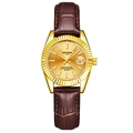 Macro shot of gold quartz watch case with brown leather strap and date display - Brown Strap Gold Case Gold Dial Women's