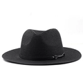 Classic black straw fedora hat for women with leather band and metal buckle for sun protection - Black