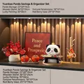 Panda figurines set with metal storage tray and persimmon jars for home decor - Housewarming Porch Combo Ornament Set A
