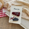 Detail of red plaid and lace bow hair clips on textured display card with natural props - Triangle Plaid + Triangle Gauze