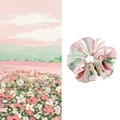 Detail of artistic oil painting print scrunchie with soft pastel colors and satin luster - Romantic Flower Sea